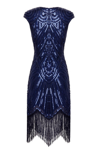Navy Sequin 1920s Fringe Flapper Dress